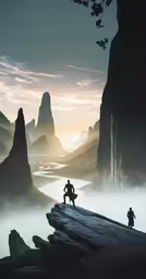 two people walk through a mountain valley at sunset