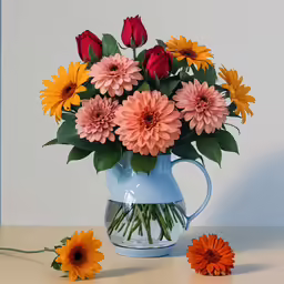 colorful flowers are in a blue vase with pink, orange and yellow flowers