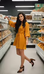 a woman standing next to an aisle full of cakes
