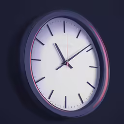 the large clock has red hands as it hangs from the wall
