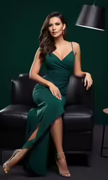 a beautiful young lady in a green dress posing for the camera