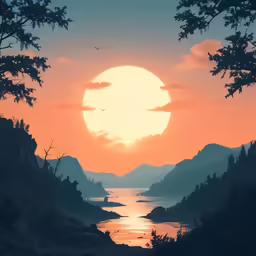 the sun rises over some mountains and some water