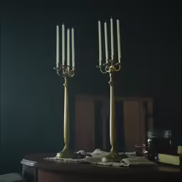 two tall brass candles are on top of a table