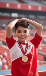a smiling woman holding up her gold medal