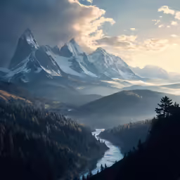 a valley, with a river running through it and mountains in the background