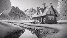 the house with an unusual roof stands beside a stream