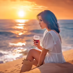 a woman sitting on the beach, holding a glass of wine