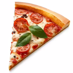 a slice of pizza with tomatoes and basil