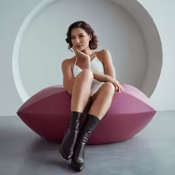 woman sitting on a pink cushion wearing thigh high boots