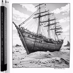 a ship floating on top of a sandy beach