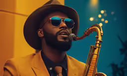 the man is wearing sunglasses and playing a saxophone