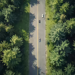 a road is surrounded by trees and cars