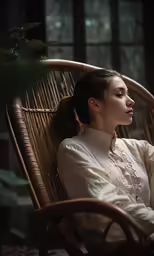 a woman sitting in a chair with her hand on her chin