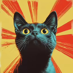a painting of a cat is shown with yellow and blue rays