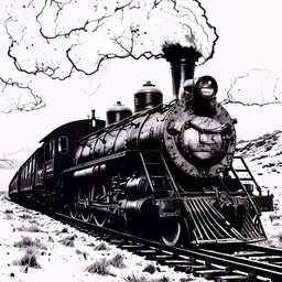 a black and white train engine running down the tracks