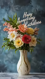 a flower arrangement in a vase on a table with a happy anniversary message in it
