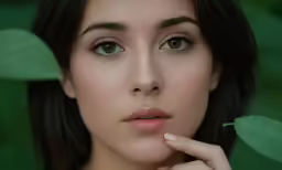 the woman is posing with her hand on her chin