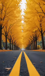 the road is lined with yellow trees, with a yellow line painted on it