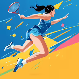 a woman running with a tennis racket