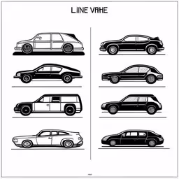 various car types with the word line vhine above them,a black and white image of different types of cars