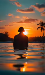 a person standing in water with the sun set behind them