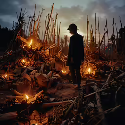 a man standing in a clearing of logs