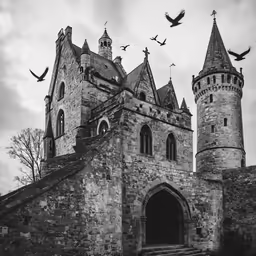 an old building that has birds flying around it