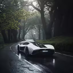 a white sport car on a road in the rain