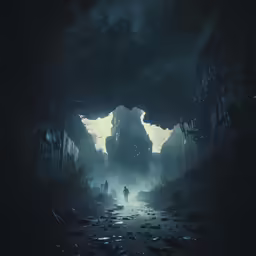 a man standing in a tunnel while looking out at the water