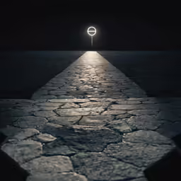 a small circle with the light on standing above a rock path