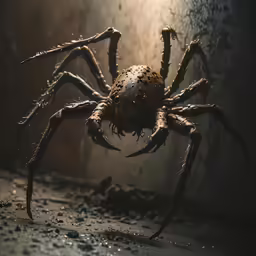 a spider that is standing on one leg with a light shining on it