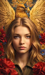 the girl has a large golden bird on her head