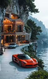an orange sports car sitting in front of a villa