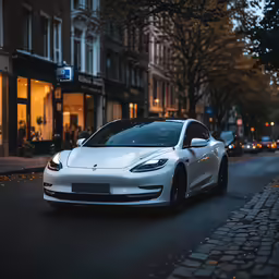 the white car is parked on the side of the road