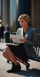 a woman sitting on a bench looking at her tablet