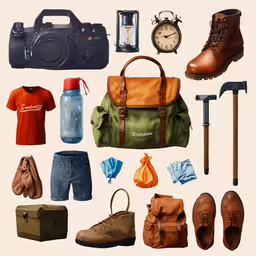 a digital image of several different items used to work on,a group of different types of objects including shoes, a camera, and a purse