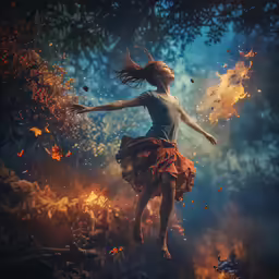 a young girl is running through a fire filled field