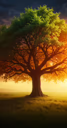 a lone tree sitting in a field at sunrise,a large tree sitting in the middle of a grassy field