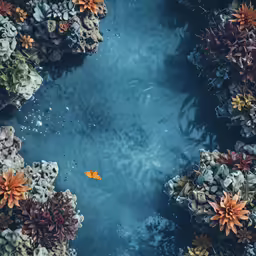 a fish is floating in the water near an assortment of flowers