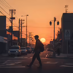 a man crossing a street at sunset in the distance