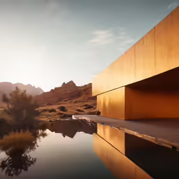 this is a desert scene with mountains and a lake