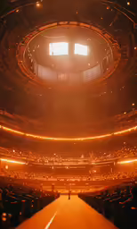 an empty stage with lights shining down and the seats