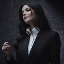 a woman in a suit and white shirt