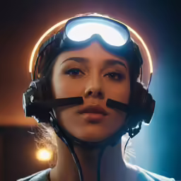 the woman wears light up headphones, while sitting down in a dimly lit space