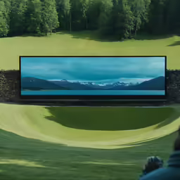 a large screen shows a beautiful scenic scene with mountains in the distance