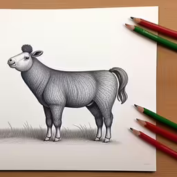 there is a drawing of a sheep in the grass,a drawing with sharp crayons and colored pencils