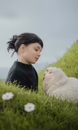 a young woman sitting on top of a grass covered hillside