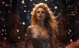 a woman in a fairy tale has falling petals