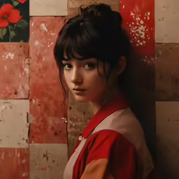 a woman with bangs in a short dress standing against a wall