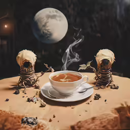 two skeletons eating coffee in front of the moon